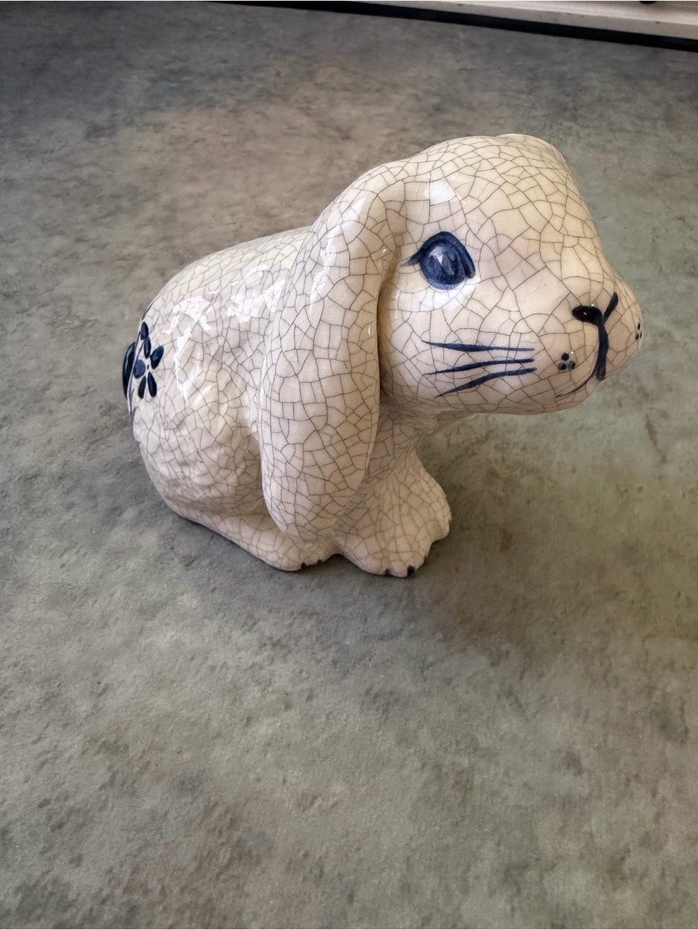 Vintage Dedham Crackle Glaze Ceramic Bunny Figurine in White and Blue